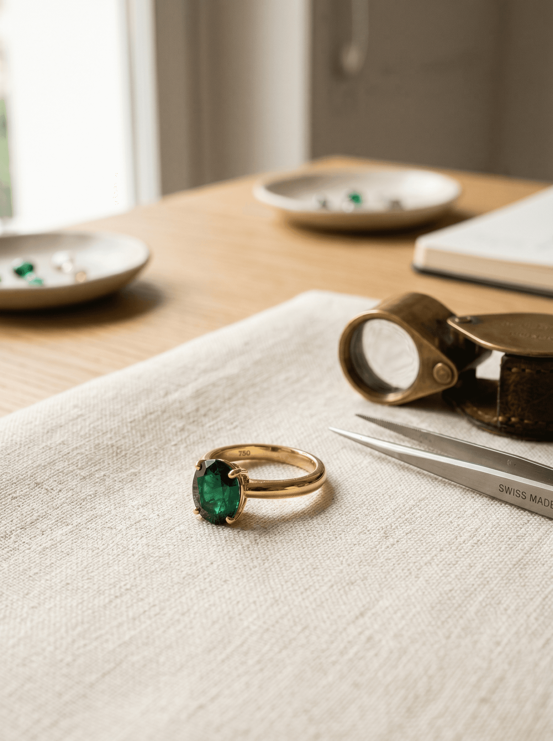 Emerald ring on linen, with a jeweler's loupe